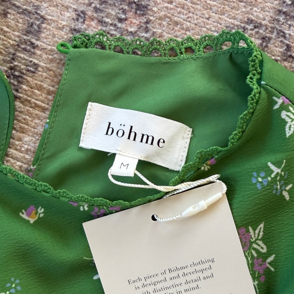Böhme Green Floral Satin Midi Dress – Puff Sleeve | NWT | Romantic size M - Picture 4 of 12